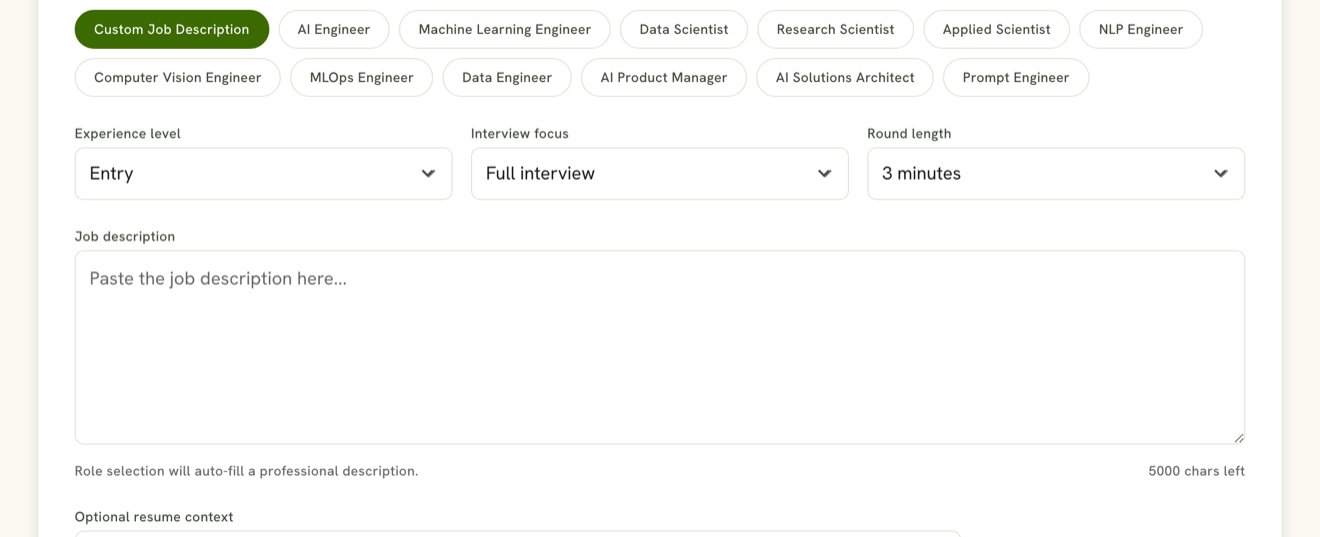 Mock interview configuration options