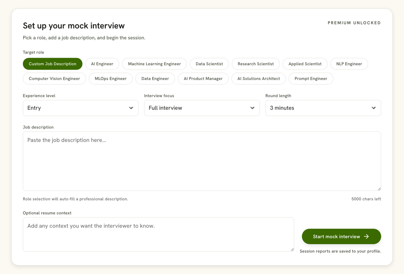 AI mock interview setup screen