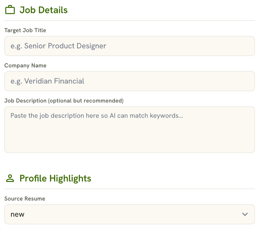 Cover letter job details and profile inputs