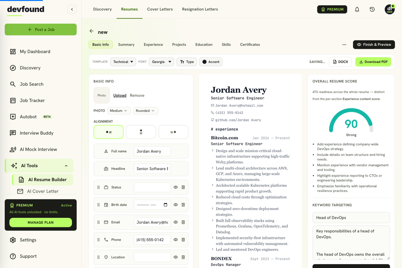 AI resume builder interface