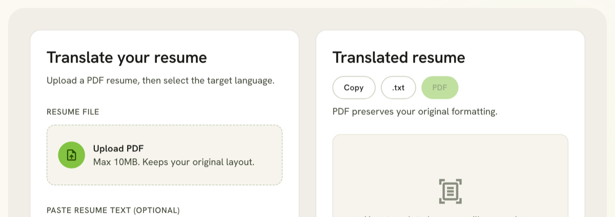 Translated resume export preview